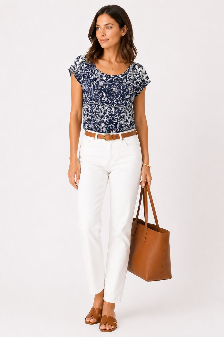 Lucky Brand Blue White Floral Ruched Front Top Short Sleeve Cotton Blend Medium